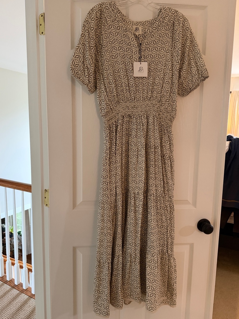 Anthropologie dRA Neutral Geometric Maxi Dress with Smocked Waist L NWT